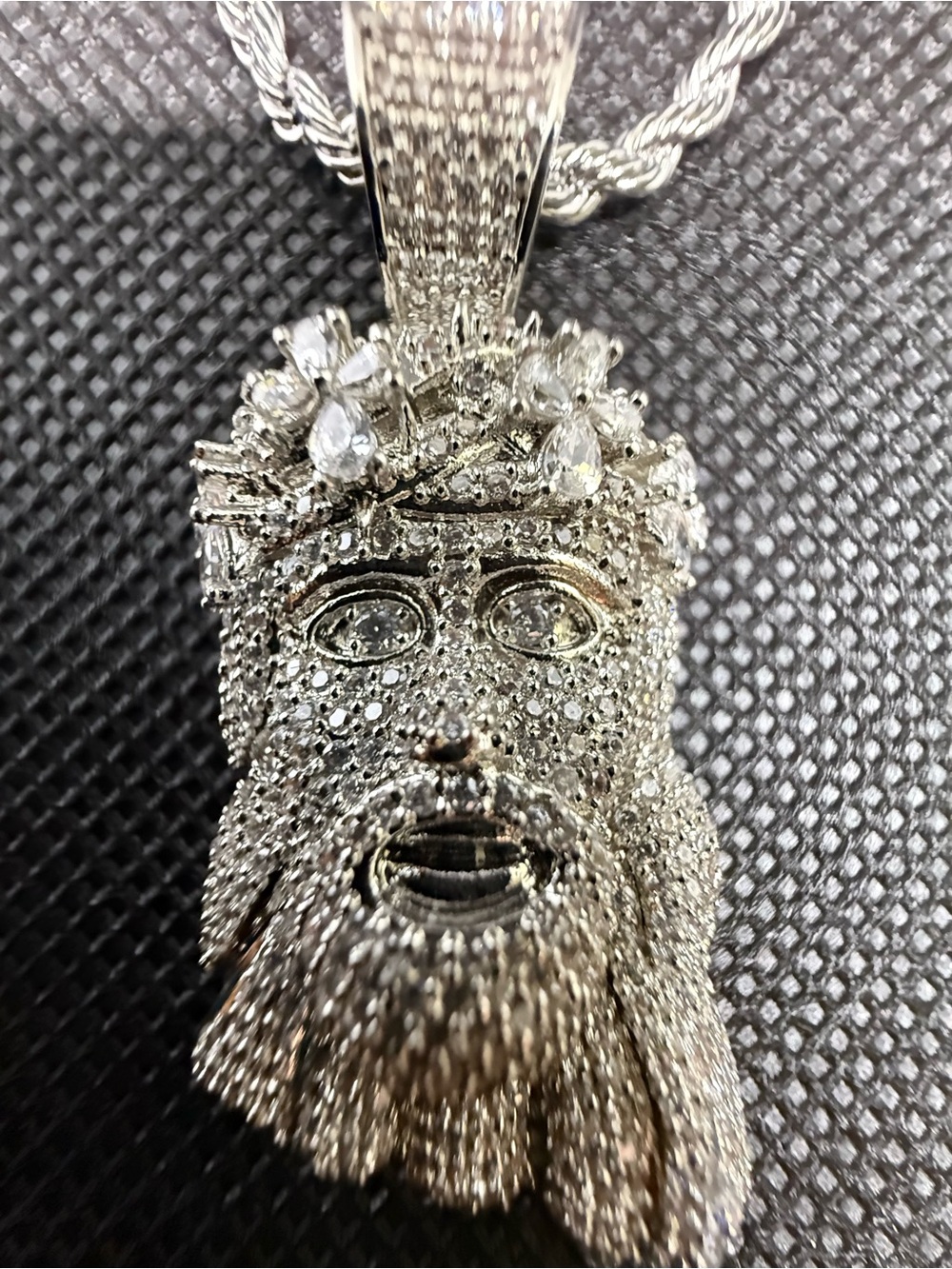 Smaller Silver-Tone Moissanite Jesus Head Pendant- Passes Diamond Tester